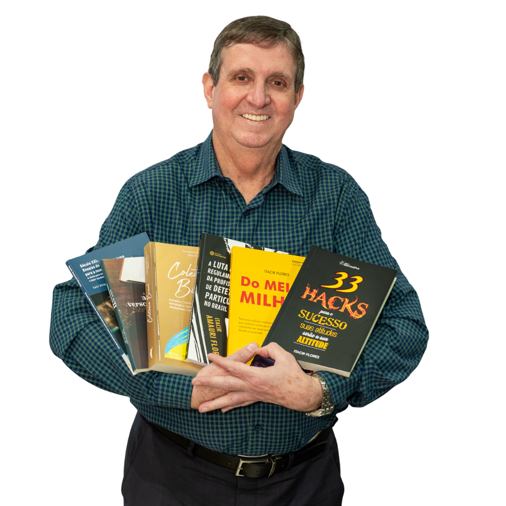 Imagem do detetive particular e professor do curso de detetive profissional, Itacir Flores com seus livros.