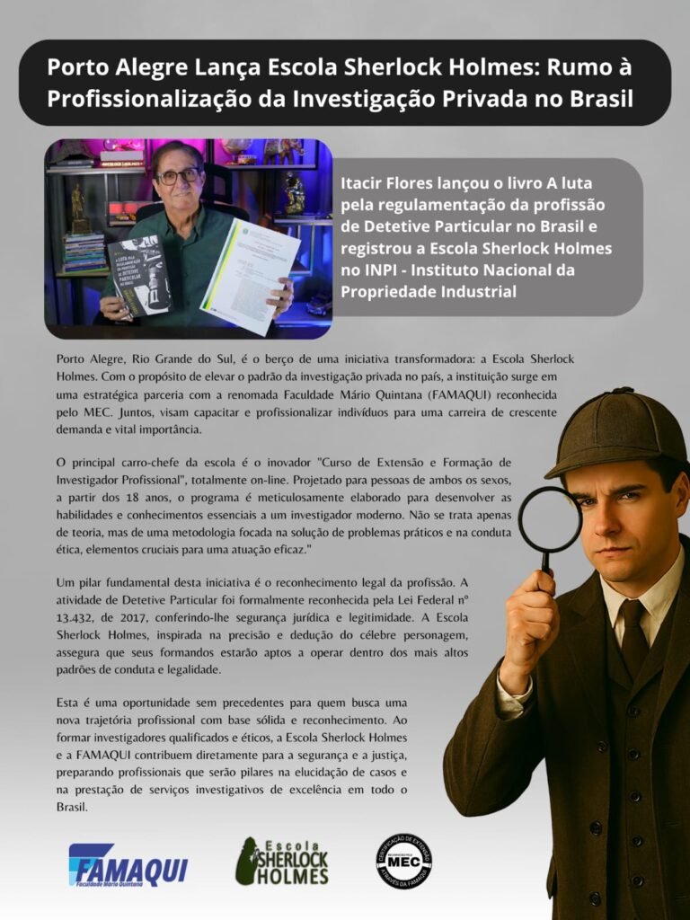 Anúncio sobre a chegada da Escola Sherlock Holmes por Itacir Flores na Revista VIP, com curso de Detetive Particular de extensão com a Famaqui.