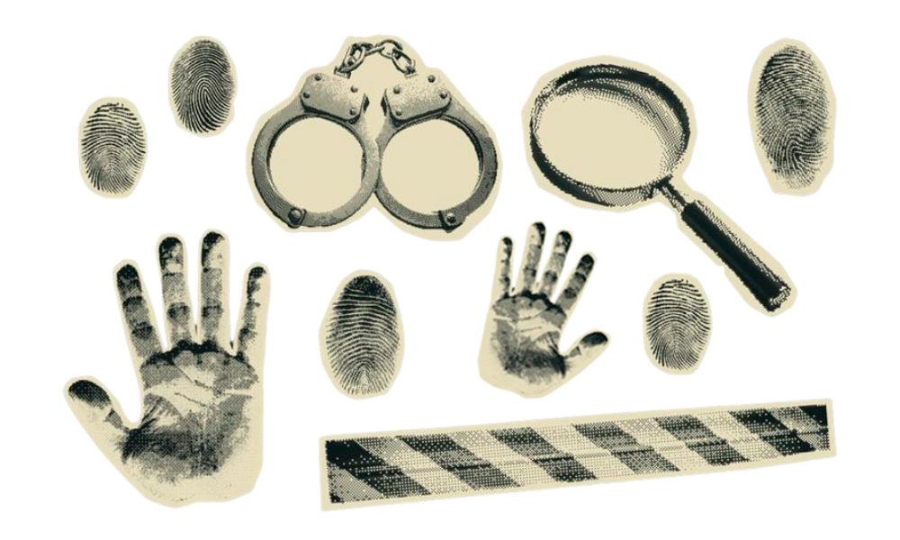 Imagem decorativa de elementos de investigação (digitais, algemas, lupa, bala de arma, fita de segurança) para ilustrar o melhor curso de detetive particular.